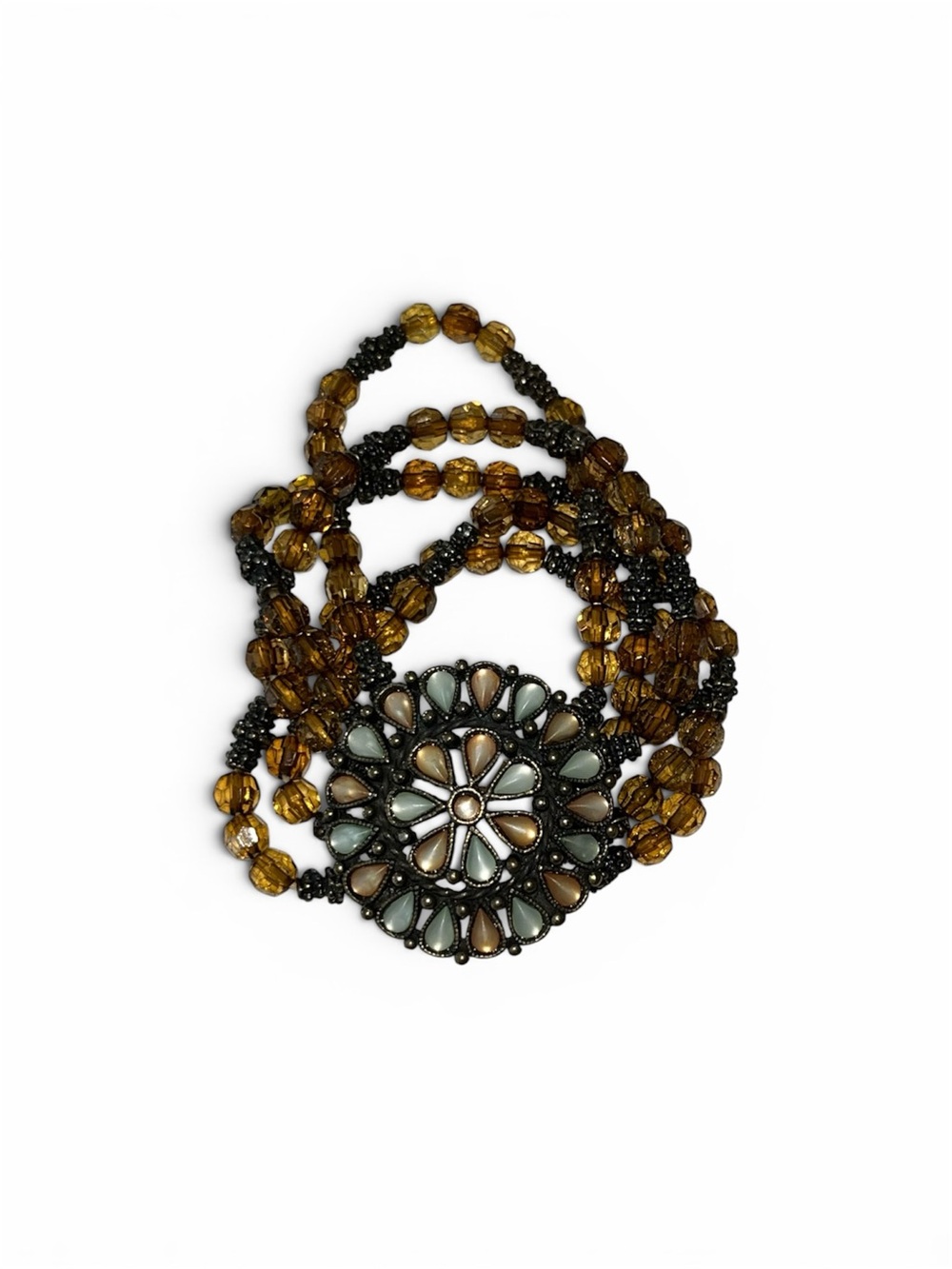 Beaded Floral Statement Bracelet in Amber and Neutral Tones